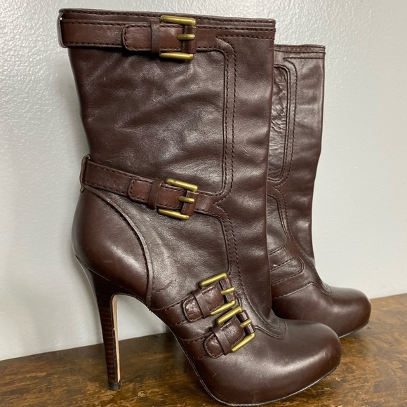 COACH Marsha Mid-Calf Chestnut Brown Leather High Heel Boots 7.5 - Picture 1 of 11